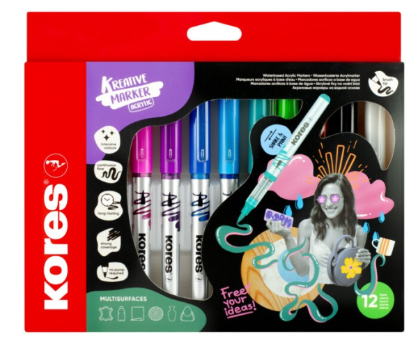 Akrylové popisovače Kores Kreative Marker Selection, 12 barev, krabička