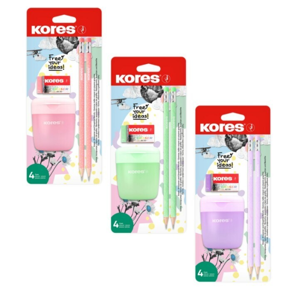 Kores PASTEL SET – ořezávátko, 2 tužky, pryž