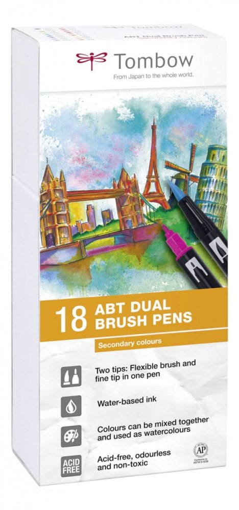 Tombow Set obostranih flomastera ABT Dual Brush Pen – Secondary colours, 18 kom.
