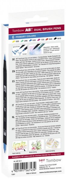 Tombow Set obostranih flomastera ABT Dual Brush Pen – Primary colours, 6 kom.