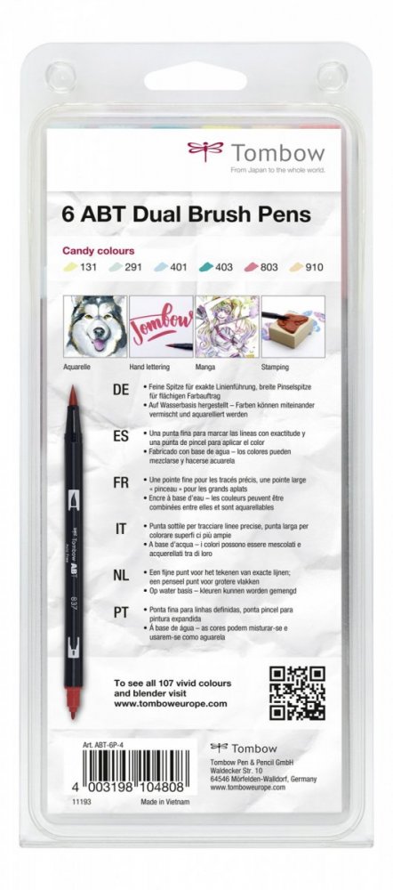 Tombow Set obostranih flomastera ABT Dual Brush Pen – Candy colours, 6 kom.