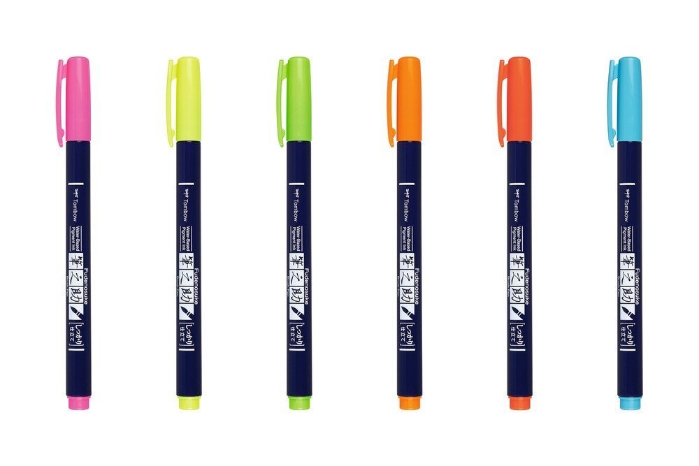 Tombow Set flomastera Fudenosuke, tvrdoća 1 (hard), 6 neonskih boja