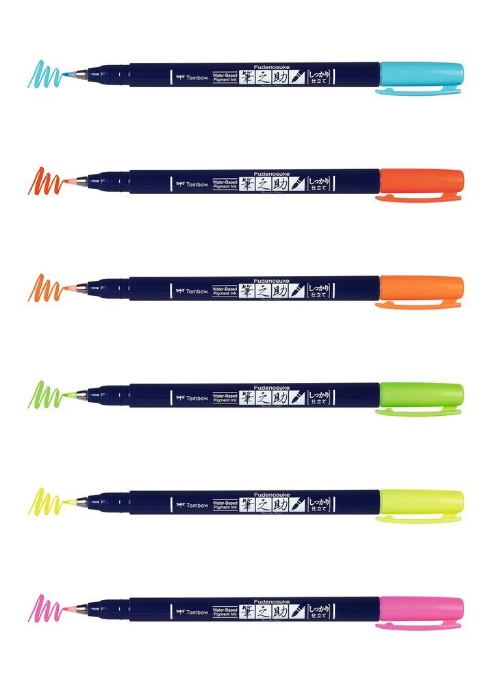 Tombow Set flomastera Fudenosuke, tvrdoća 1 (hard), 6 neonskih boja