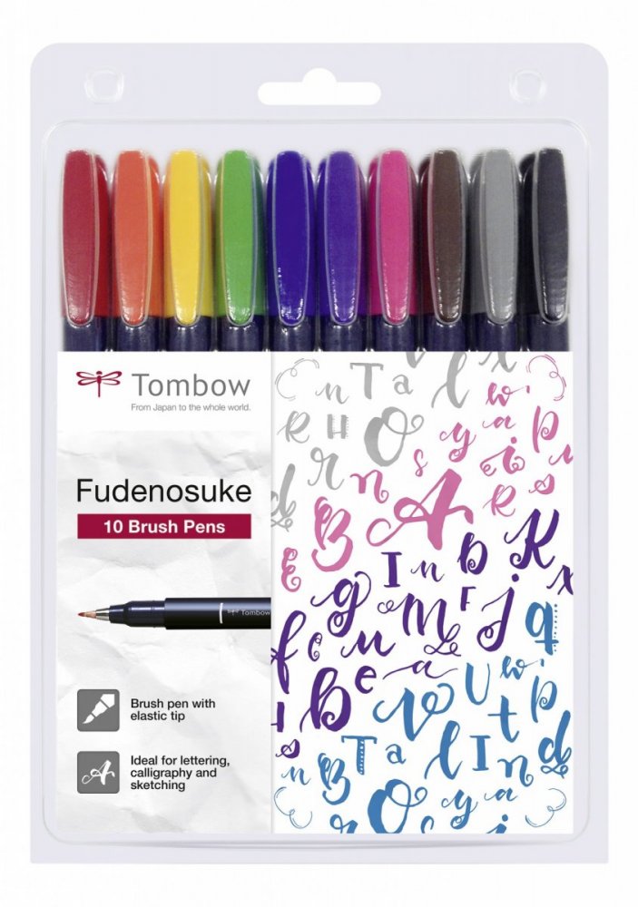 Tombow Set flomastera Fudenosuke COLOR, tvrdoća 1 (hard), 10 kom.