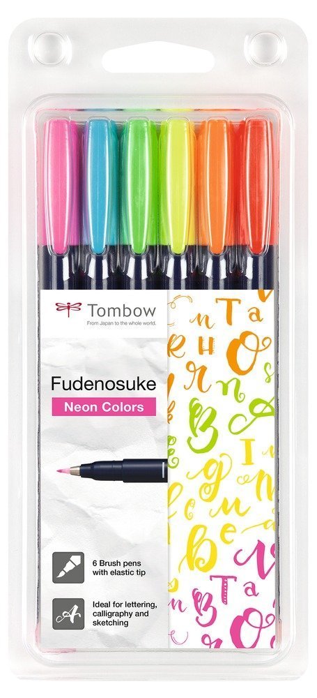Tombow Set flomastera Fudenosuke, tvrdoća 1 (hard), 6 neonskih boja