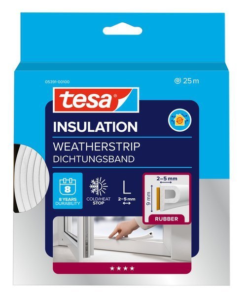 tesa® IZOLAČNÍ Samolepicí těsnění – gumové, profil P, 25 m x 9 mm x 5,5 mm, bílé