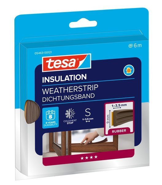 tesa® IZOLAČNÍ Samolepicí těsnění – gumové, profil E, 6 m x 9 mm x 4 mm, hnědé