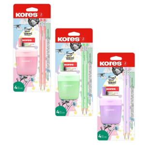 Kores PASTEL SET – ořezávátko, 2 tužky, pryž