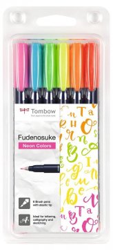 Tombow Set flomastera Fudenosuke, tvrdoća 1 (hard), 6 neonskih boja